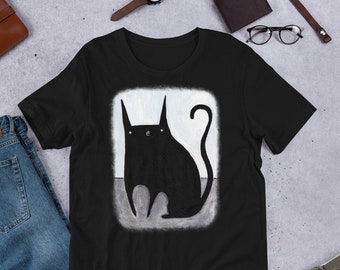 Rak skuren t-shirt Svart katt Folkkonst målning Goth födelsedagspresenter Rolig outsider konstiga saker Witchcore Quirky Gothic Punk Emo Häxig Söt
