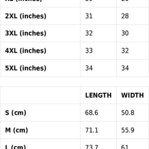 May include: Size guide for clothing in inches and centimeters. The table shows the length and width measurements for sizes S through 5XL.