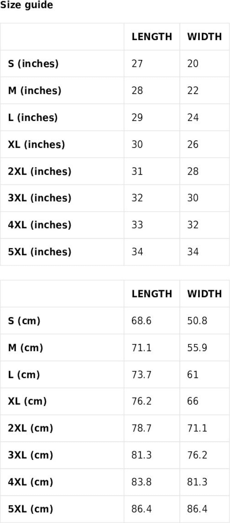 May include: Size guide for clothing in inches and centimeters. The table shows the length and width measurements for sizes S through 5XL.