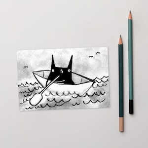 TARJETA POSTAL CON IMPRESIÓN ARTÍSTICA DE 4x6 Gato negro Canoa Barco Pesca Gatos Kawaii Arte popular Cabaña Campamento Ilustración Océano caprichoso Regalo Pescador Lago Tarjetas