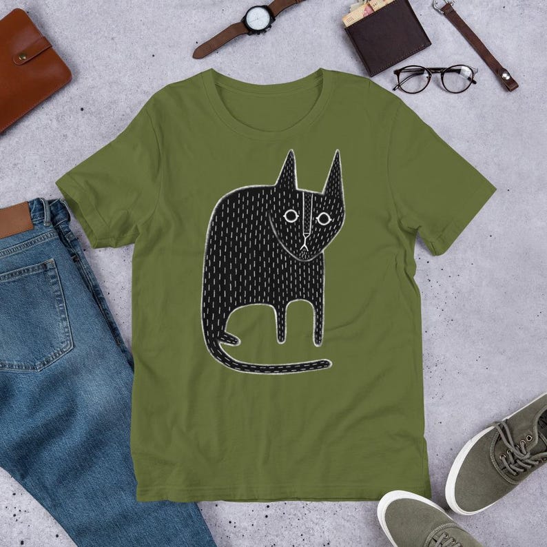 STRAIGHT CUT T-SHIRT Black Cat Shirt Folk Art Print Birthday Housewarming Gifts Funny Cute Kitty Shirts Whimsical Gift Gothic Cats Weird Art