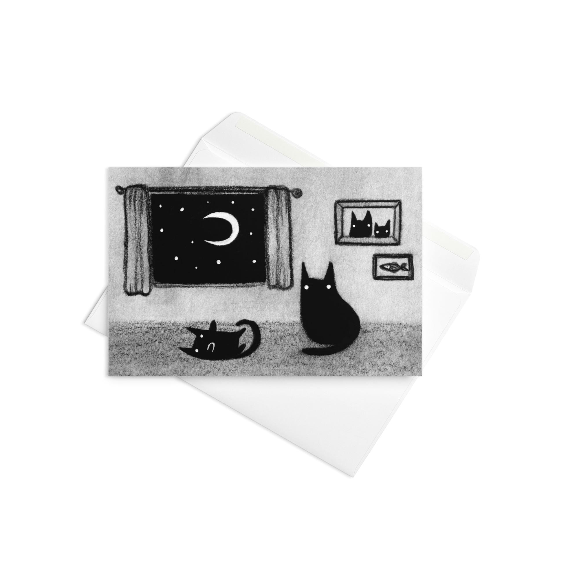 グリーティングカード 黒猫の家 フォークアート かわいい猫 気まぐれな