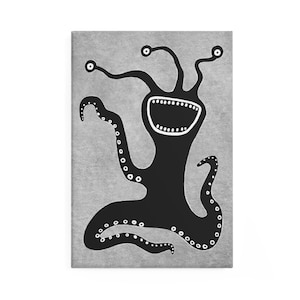 Pode incluir: Ilustração em preto e branco de um monstro de desenho animado com três olhos, uma boca aberta e tentáculos. O monstro está sentado em um fundo cinza.