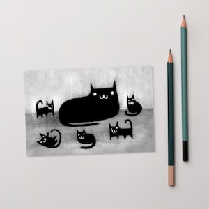 100x150 Katze Print POSTKARTE Schwarze Katze und Kätzchen Folk Art Geburtstagsgeschenk Skurril Niedliches Gothic Kitty Dekor