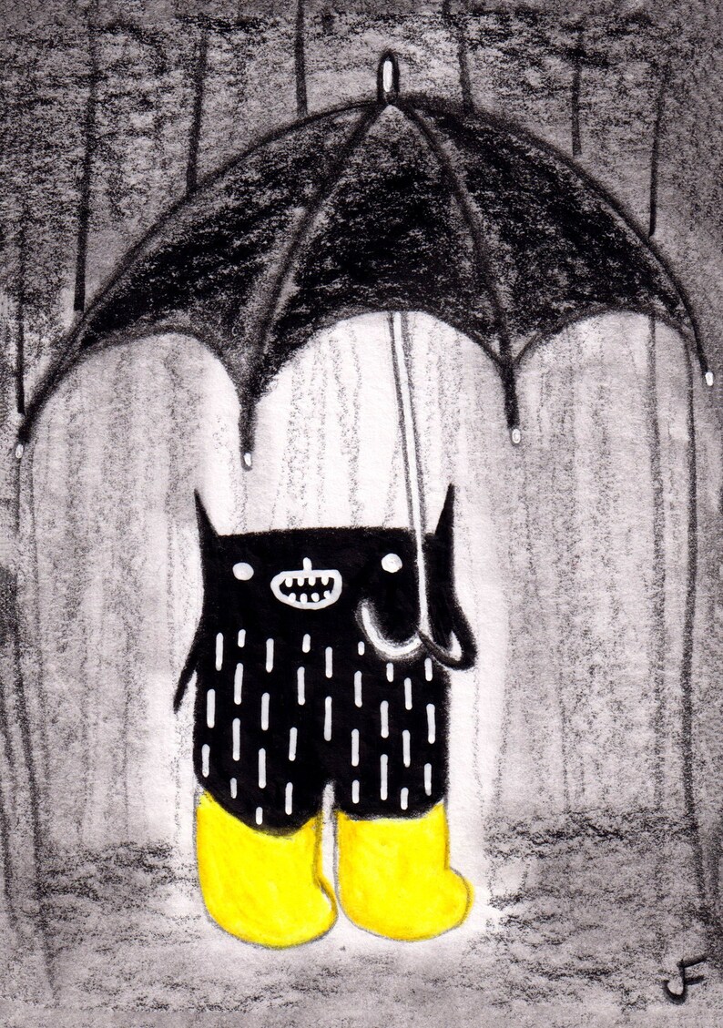 ACEO ART PRINT Black Cat Spring Rain Umbrella Folk Art Miniature Collectible Card Illustration Weird Stuff Birthday Gift for Mom Cute Gifts