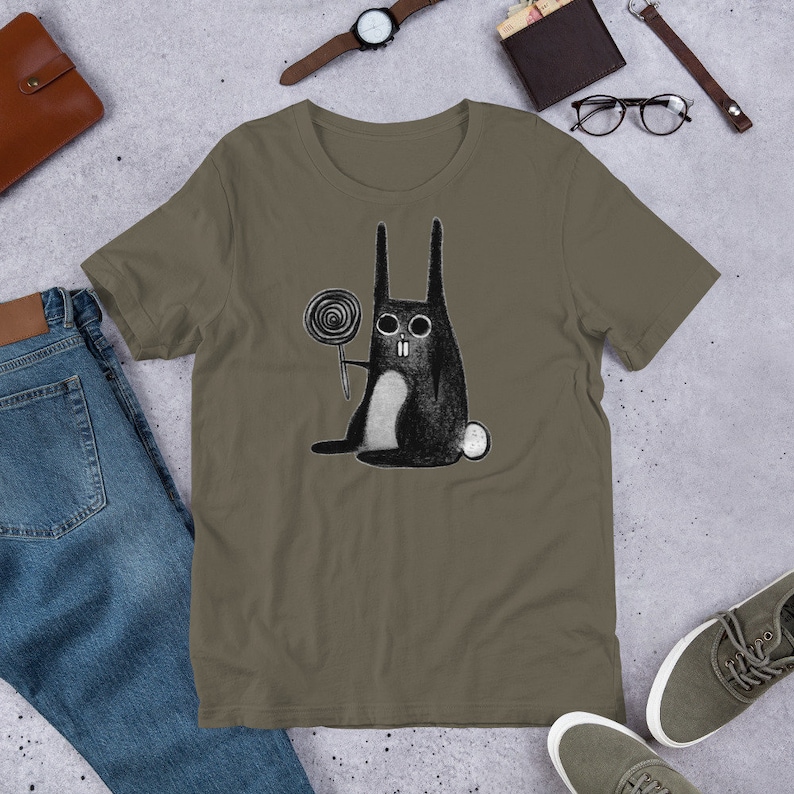 STRAIGHT CUT T-SHIRT Weird Rabbit Shirt Folk Art Gothic Birthday Housewarming Gifts Creepy Cute Funny Shirts Lollipop Candy Goth Creep Bunny Army