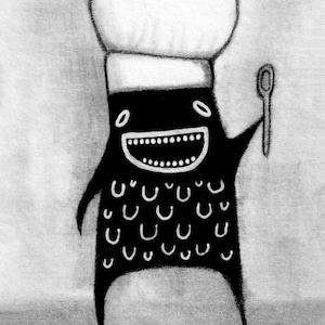 ACEO ART PRINT Monster Chef Mixed Media Outsider Folk Art Miniatura peculiar colecionável artista cartão colecionável desenho a lápis coisas estranhas atc
