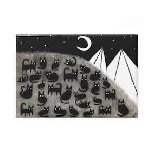 May include: A black and white illustration of a mountain range with a crescent moon in the sky. A group of black cats are gathered on the mountainside.