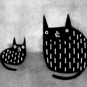 ACEO ART PRINT Black Cat Folk Art Miniature Collectible Card Drawing Illustration Weird Stuff Housewarming Birthday Gifts for Cat People atc