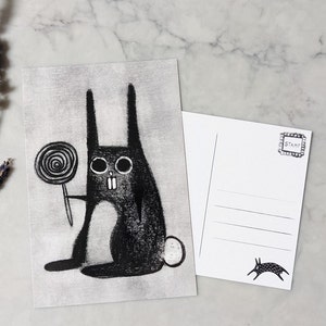 POSTAL CON LÁMINA ARTÍSTICA DE 4 x 6 Conejo extraño Arte popular Piruleta Cosas raras y caprichosas Regalos de cumpleaños para inauguración de la casa Conejito gótico peculiar Punk Emo