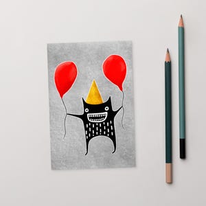 4 x 6 ART PRINT carte postale fête monstre anniversaire ballons Invitations carte d'anniversaire original lunatique art folklorique célébration cadeau de pendaison de crémaillère