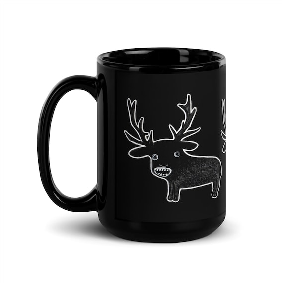 15oz BLACK COFFEE MUG Weird Deer Monster Kawaii Folk Art Housewarming Goth Birthday Gifts Funny Creepy Cute Weird Quirky Tea Gothic