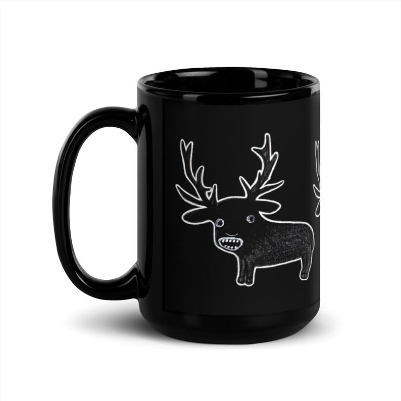 15oz BLACK COFFEE MUG Weird Deer Monster Kawaii Folk Art Housewarming Goth Birthday Gifts Funny Creepy Cute Weird Quirky Tea Gothic