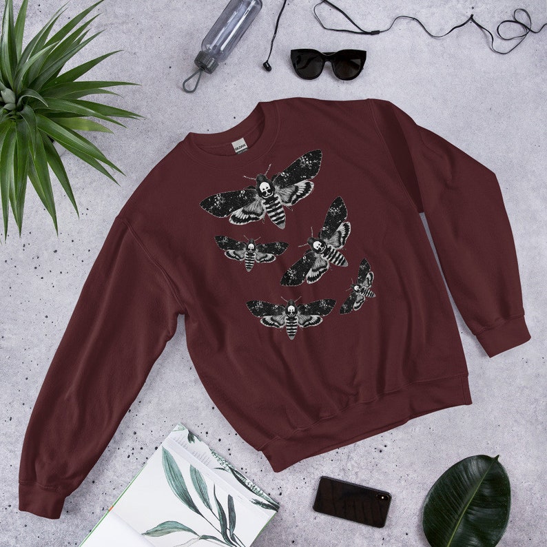 CLASSIC SWEATSHIRT Moth Sweater Folk Art Insect Birthday Housewarming Gifts Weird Botanical Forest Bugs Hawkmoth Creepy Horror Goth Punk Emo Maroon
