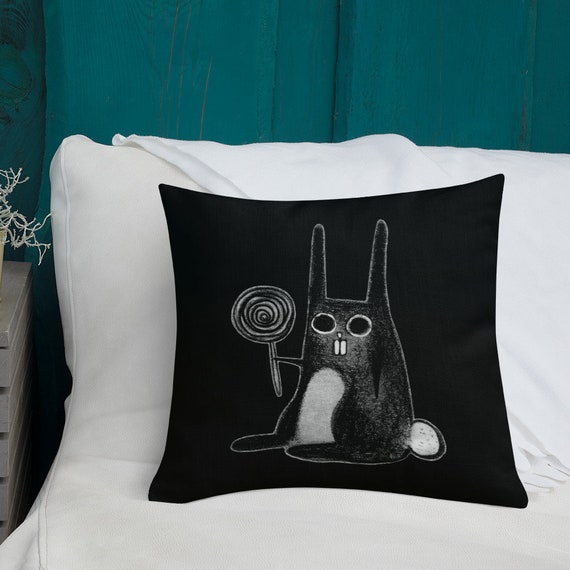 THROW PILLOW Weird Rabbit Folk Art Print Home Decor Housewarming Birthday Gifts Funny Creepy Cute Bunny Lollipop Candy Quirky Gift Goth Punk