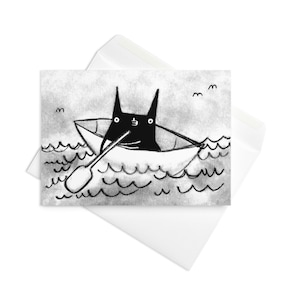 Schwarze Katze Kanu Boot Angelausflug Kawaii Katzen Volkskunst Zeichnung Cottage Camp Illustration Skurril Ozean Fischer See Karte