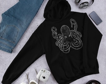 May include: Black hooded sweatshirt featuring a white graphic print of an octopus. The octopus has eight tentacles and is depicted in a stylised design.