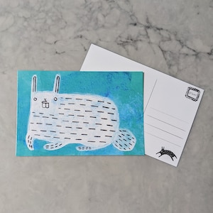 4 x 6 ART PRINT CARTE POSTALE Lapin blanc art populaire original lunatique étrange mignon correspondant cadeau pendaison de crémaillère drôle d'anniversaire lapin décalé art mural