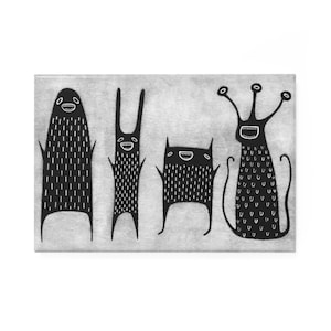 May include: Four black and white cartoon monsters with different body shapes and facial expressions. The monsters are smiling and have white eyes. The background is a light gray.