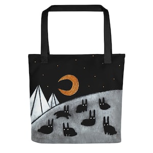 TOTE BAG Rabbit Moon Birthday Housewarming Gifts Whimsical Crescent Moon Cute Quirky Weird Gifts Shopping Grocery Bags Bunny Mountain Purse