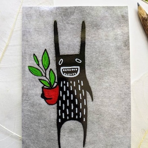 10x15cm KUNSTDRUCK POSTKARTE Hoya Kaninchen Folklore Gemälde Pflanze schrullig Einweihungsparty Bester Freund Geschenk Skurril Häschen Wohnkultur Geburtstagsgeschenk für Mama