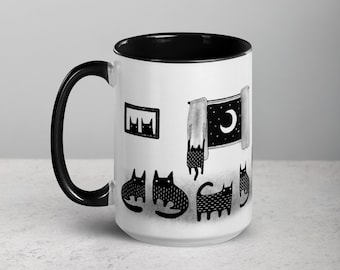 15oz COFFEE MUG Black Cat Folk Art Housewarming Birthday Gifts Big Mugs Funny Cute Weird Stuff Quirky Large Tea Cup Ceramic Cats