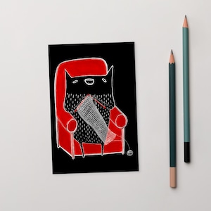 4 x 6 impression d'art carte postale tricot Monster Cat art folklorique fil imprimé original lunatique mignon cadeaux de pendaison de crémaillère artisanat tricoteur cadeaux de printemps