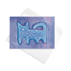 CARTE DE VOEUX Chat bleu Chats kawaii Art folklorique Cadeau pour amoureux des chats Cadeaux de pendaison de crémaillère Impression d'art chaton mignon Cartes d'anniversaire uniques Insolites fantaisistes