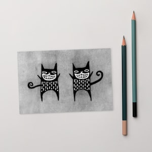 4 x 6 ART PRINT CARTE POSTALE Chat noir art folklorique cadeau d'anniversaire lunatique mignon étrange décalé pendaison de crémaillère Art brut drôle gothique kitty art mural