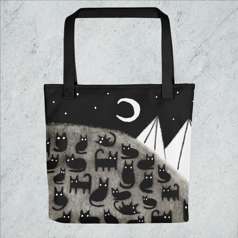 TOTE BAG Black Cat Moon Birthday Halloween Gifts Christmas Folk Art Whimsical Crescent Moon Cute Quirky Weird Mountain Gothic Punk Emo Witch 