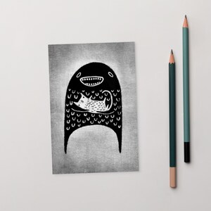 4x6 KUNST DRUCK POSTKARTE Monster und Katze Kawaii Folk Art Lustige Karten Wunderlich Seltsam Niedlich Einweihungsparty Katzenliebhaber Geburtstag Geschenk schrulligen Goth