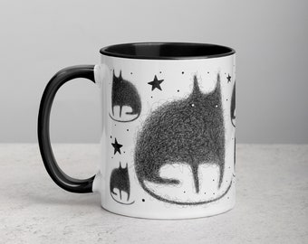 11oz COFFEE MUG Black Cat Folk Art Housewarming Birthday Gifts Funny Cute Fluffy Creature Weird Stuff Quirky Tea Ceramic Scribble Abstract