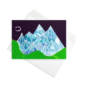 CARTÃO DE FELICITAÇÕES Paisagem Noturna Lua Crescente Montanhas Natureza Abstrata Caprichosa Arte Popular Presentes de Inauguração de Casa Ilustração Presente de Aniversário