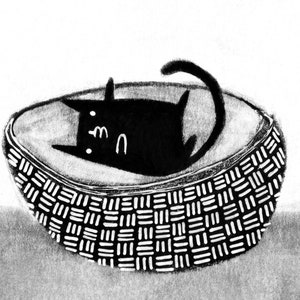 ACEO ART PRINT Gato preto em cesta Arte popular Miniatura Cartão colecionável Desenho Ilustração Presentes de aniversário de inauguração para pessoas com gatos atc