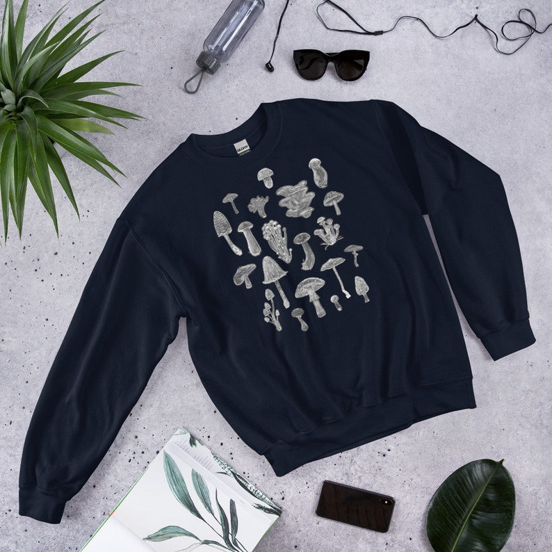 CLASSIC SWEATSHIRT Mushroom Sweater Cottagecore Dark Academia Art Mushroomcore Birthday Gift Weird Botanical Forest Plants Witchcore Navy