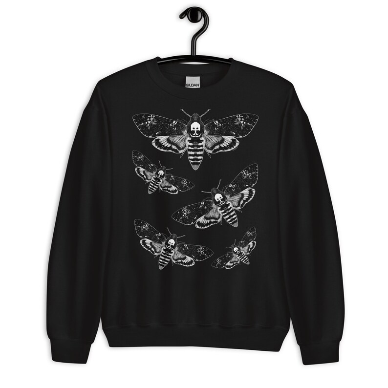 May include: Black sweatshirt with a white print of multiple death's head hawk moths.
