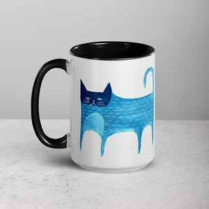 15oz COFFEE MUG Blue Cat Kawaii Cats Folk Art Housewarming Cute Kitty Birthday Gifts Funny Weird Quirky Whimsical Tea Cat Lover Gifts