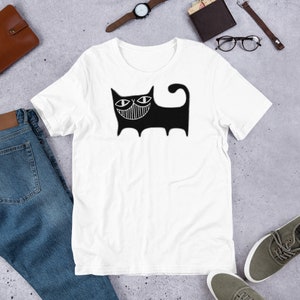 GERADE SCHNITT T-SHIRT Schwarze Katze Shirt Rundhals Unisex Folk Kunstdruck schrullig wunderlich niedlich Geburtstag Housewarming Geschenke Lustige seltsame Hemden White