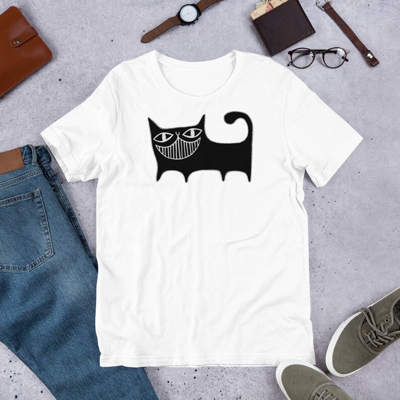 GERADE SCHNITT T-SHIRT Schwarze Katze Shirt Rundhals Unisex Folk Kunstdruck schrullig wunderlich niedlich Geburtstag Housewarming Geschenke Lustige seltsame Hemden White
