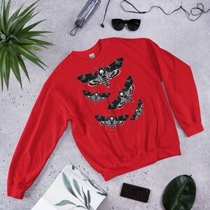 CLASSIC SWEATSHIRT Moth Sweater Folk Art Insect Birthday Housewarming Gifts Weird Botanical Forest Bugs Hawkmoth Creepy Horror Goth Punk Emo Red