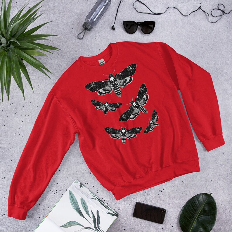 CLASSIC SWEATSHIRT Moth Sweater Folk Art Insect Birthday Housewarming Gifts Weird Botanical Forest Bugs Hawkmoth Creepy Horror Goth Punk Emo Red