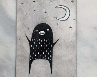 ACEO ORIGINAL ART Monster Moon Folk Art Miniature Collectible Card Illustration Funny Birthday Gifts Landscape Weird Housewarming Weirdcore