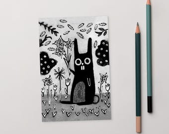 May include: Black and white illustration of a rabbit holding flowers in a whimsical garden setting. The artwork features a minimalist style with stylized plants and a cartoon-like rabbit. Two pencils in shades of green and brown are next to the artwork.