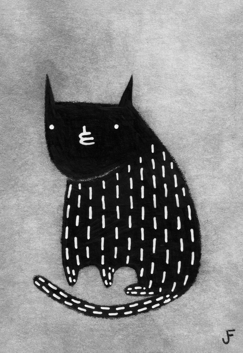 ACEO ART PRINT Black Cat Folk Art Miniature Collectible Card Drawing Illustration Weird Stuff Housewarming Birthday Gifts for Cat People atc image 1