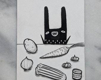 ACEO ORIGINAL ART Rabbit Monster Vegetables Folk Art Miniature Collectible Card Illustration Funny Birthday Gifts for Mom Cute Housewarming