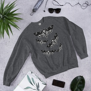 CLASSIC SWEATSHIRT Moth Sweater Folk Art Insect Birthday Housewarming Gifts Weird Botanical Forest Bugs Hawkmoth Creepy Horror Goth Punk Emo Dark Heather