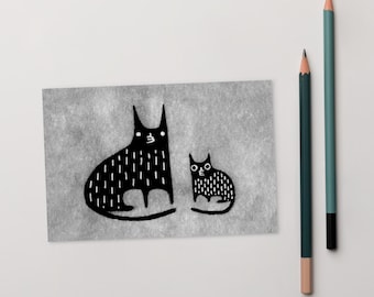 CARTÃO POSTAL ARTÍSTICO IMPRESSO 4x6 Gato Preto Kawaii Gatinho Arte Folclórica Cartão Bonito, Peculiar e Caprichoso Arte Estranha Presente de Inauguração de Casa Cartões de Aniversário Presentes para Amantes de Gatos