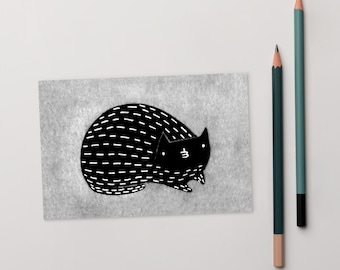 CARTÃO POSTAL ARTÍSTICO IMPRESSO 4x6 Gato Preto Kawaii Gatinho Arte Folclórica Cartão Bonito, Peculiar e Caprichoso Arte Estranha Presente de Inauguração de Casa Cartões de Aniversário Presentes para Amantes de Gatos
