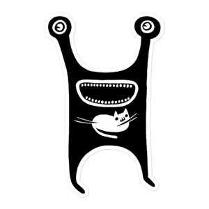 May include: Black and white illustration of a monster with a wide open mouth and a small white cat inside. The monster has two large eyes and long arms and legs.