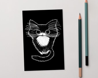4x6 ART PRINT POSTCARD Fofo Tuxedo Cat Kawaii Cats Folk Art Presente de aniversário Caprichoso Bonito Estranho Peculiar Arte de inauguração de casa Gatinho fofo Arte de parede